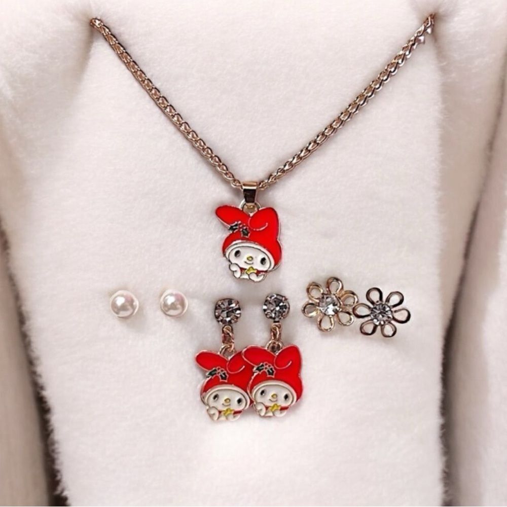 Super Cute My Melody Pink Bow Necklace And Earrings Set